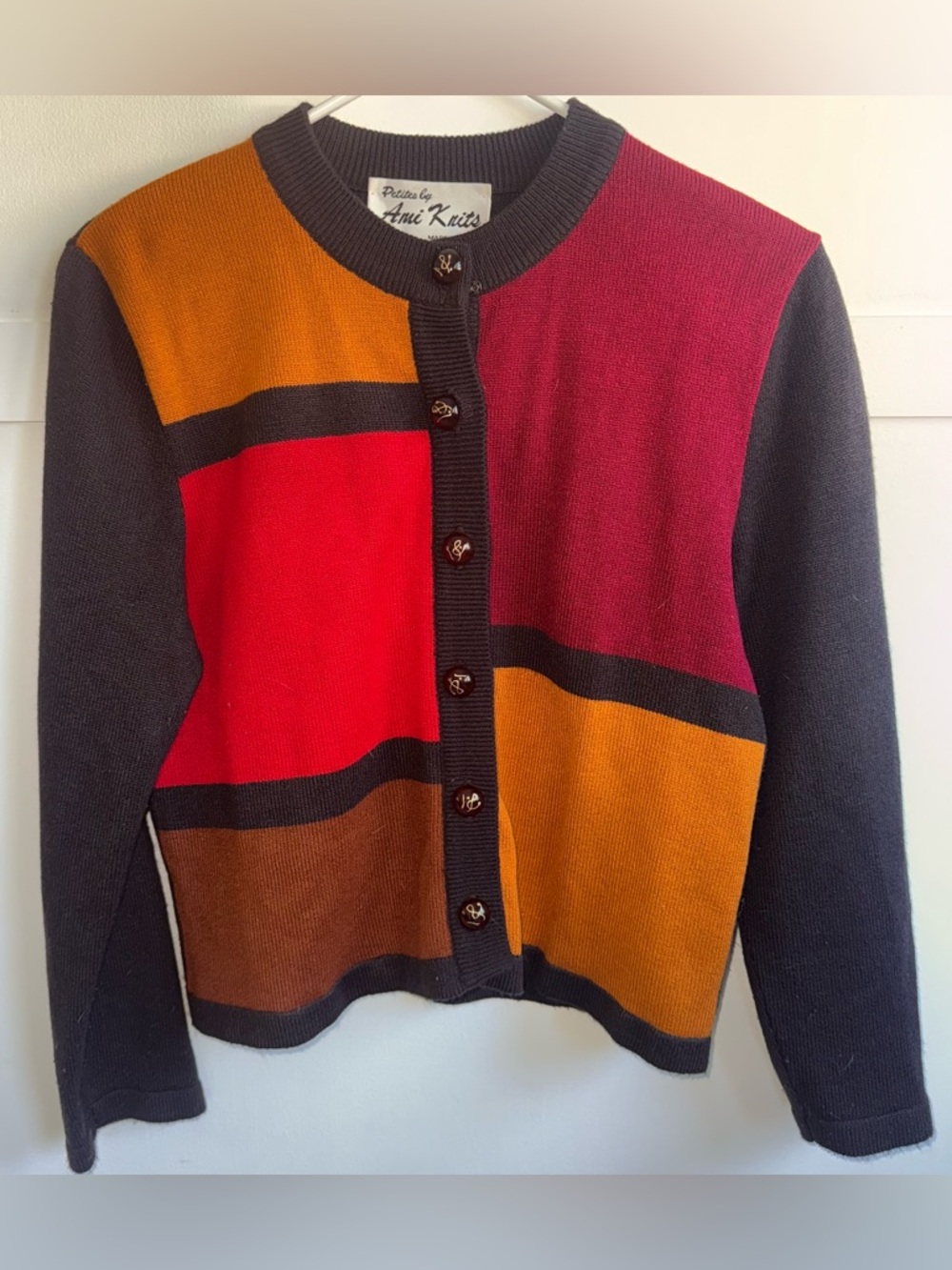 VTG 80s/90s Ami Knits Colorblock Cardigan Sweater Women's Sz 12P USA Made Retro